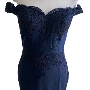 Long Navy Off the Shoulder Lace Prom Formal Dress US XS